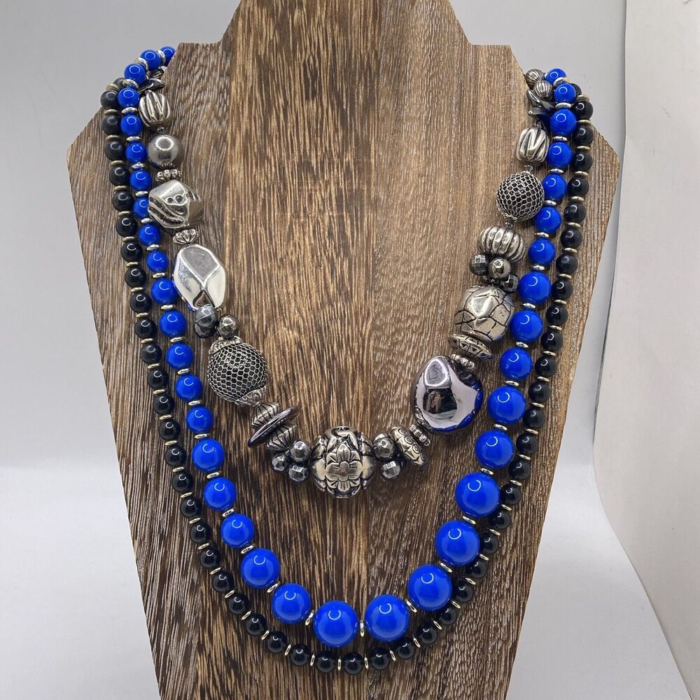 Vintage Beaded Necklace Lot of 3 Black Blue And Silver
